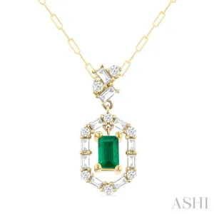 5x3 MM Emerald Cut and 1/3 ctw Baguette & Round Cut Diamond Precious Fashion Pendant With Chain in 14K Yellow Gold