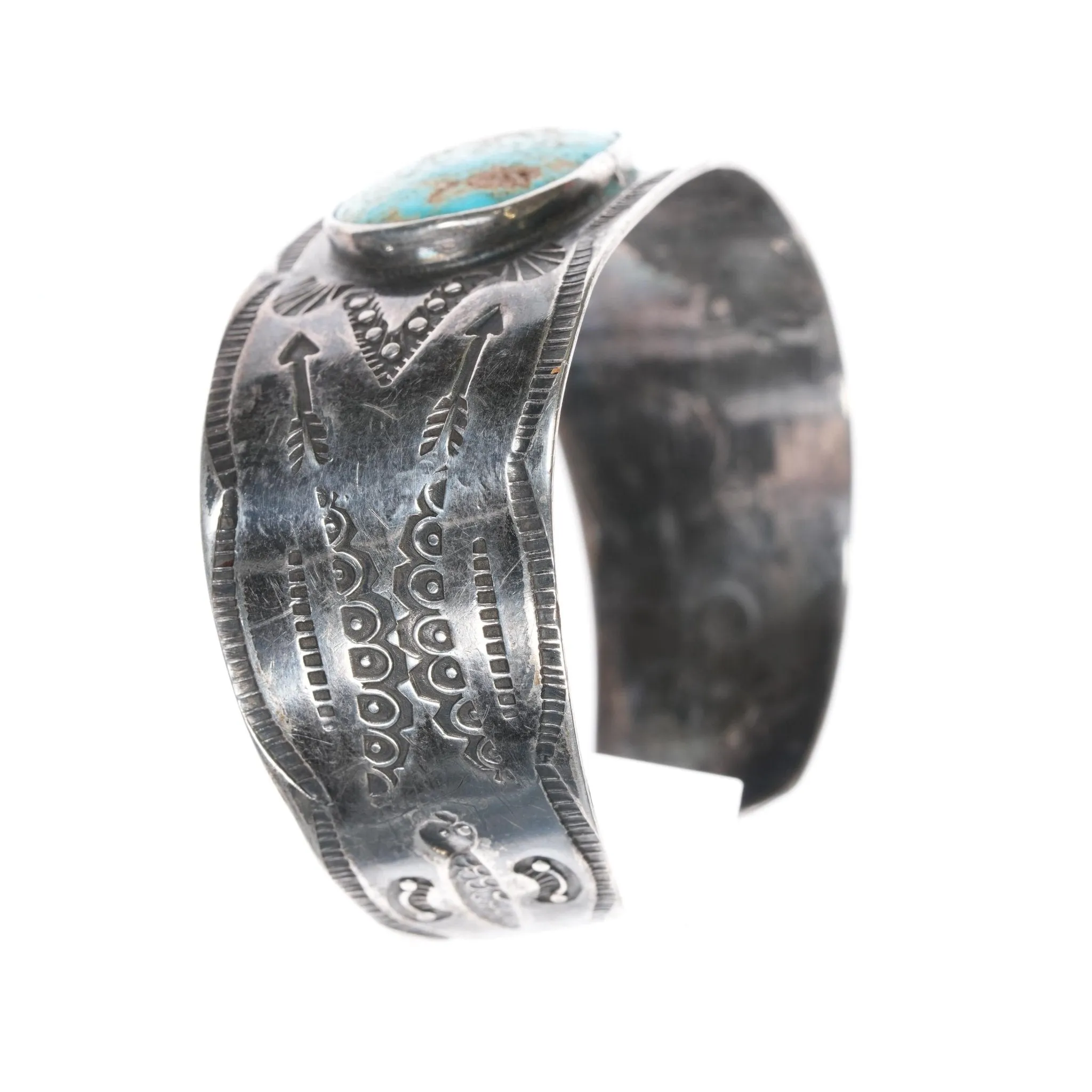 6.375" Vintage Fred Harvey Navajo hand stamped silver cuff bracelet turquoise