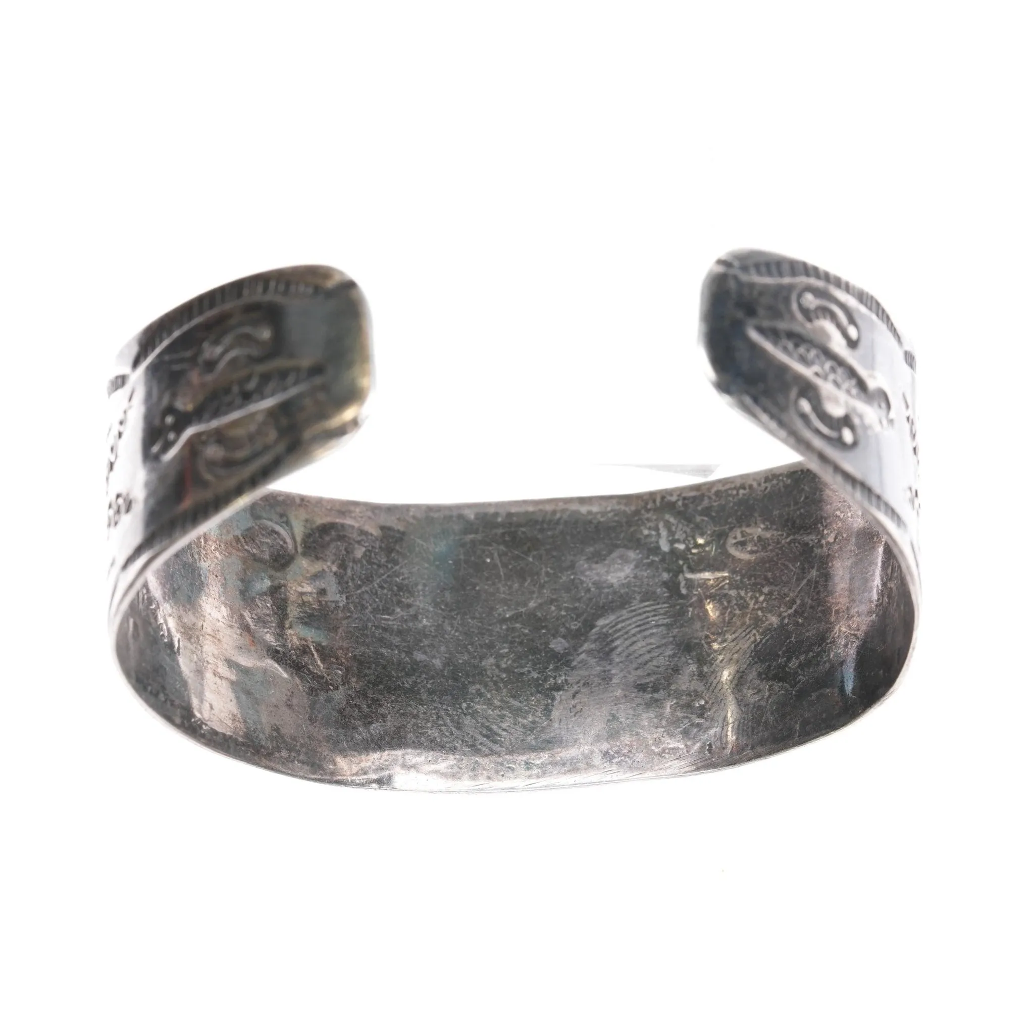 6.375" Vintage Fred Harvey Navajo hand stamped silver cuff bracelet turquoise