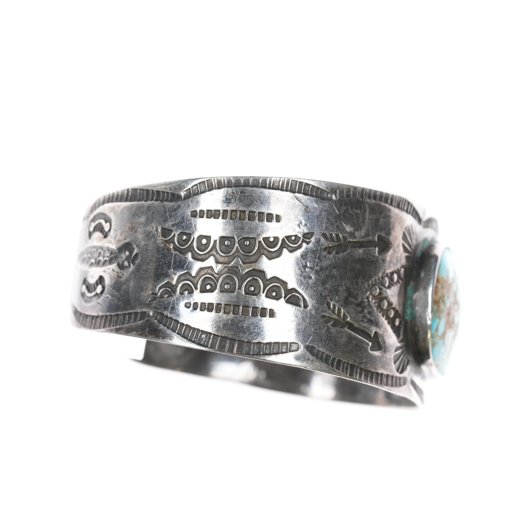 6.375" Vintage Fred Harvey Navajo hand stamped silver cuff bracelet turquoise