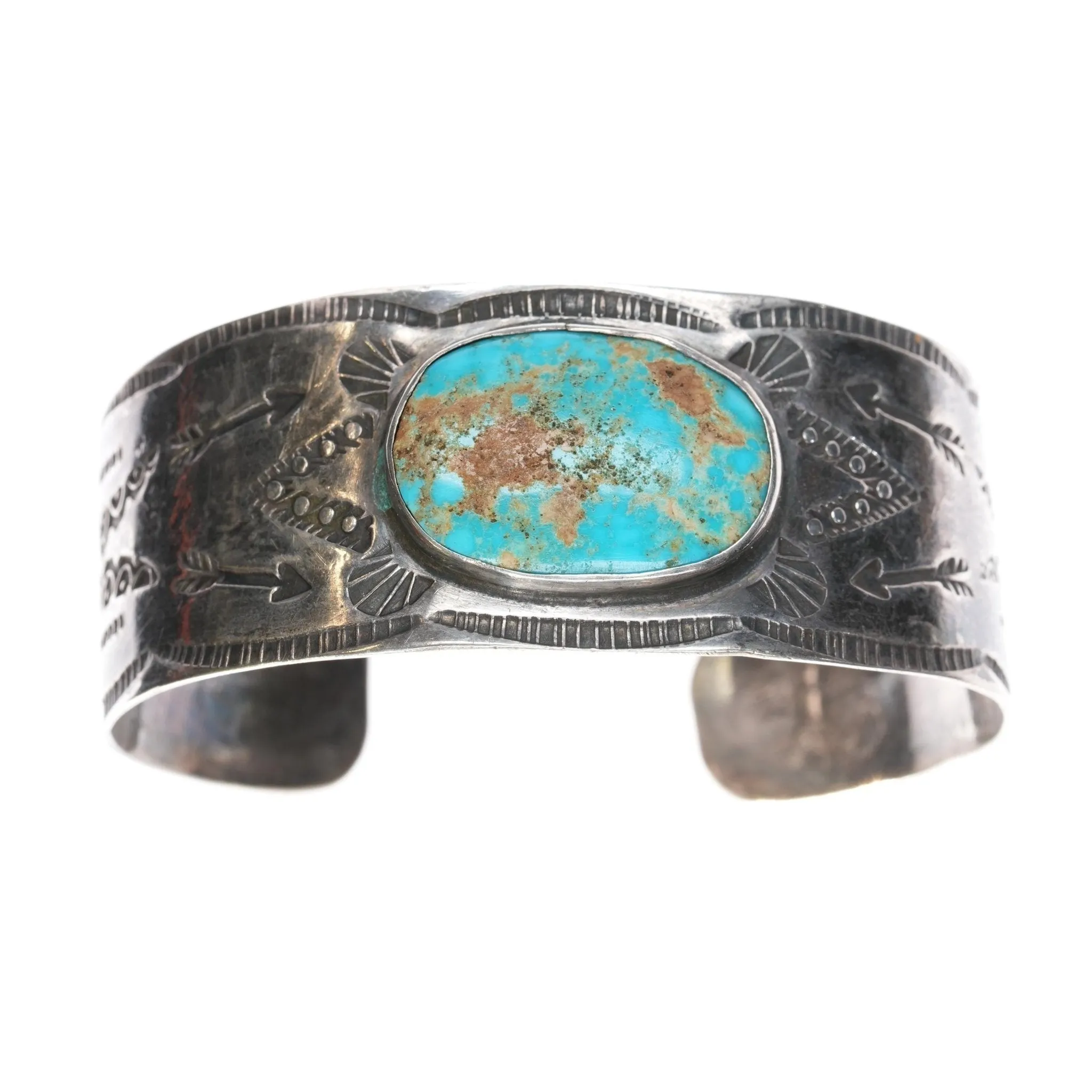6.375" Vintage Fred Harvey Navajo hand stamped silver cuff bracelet turquoise