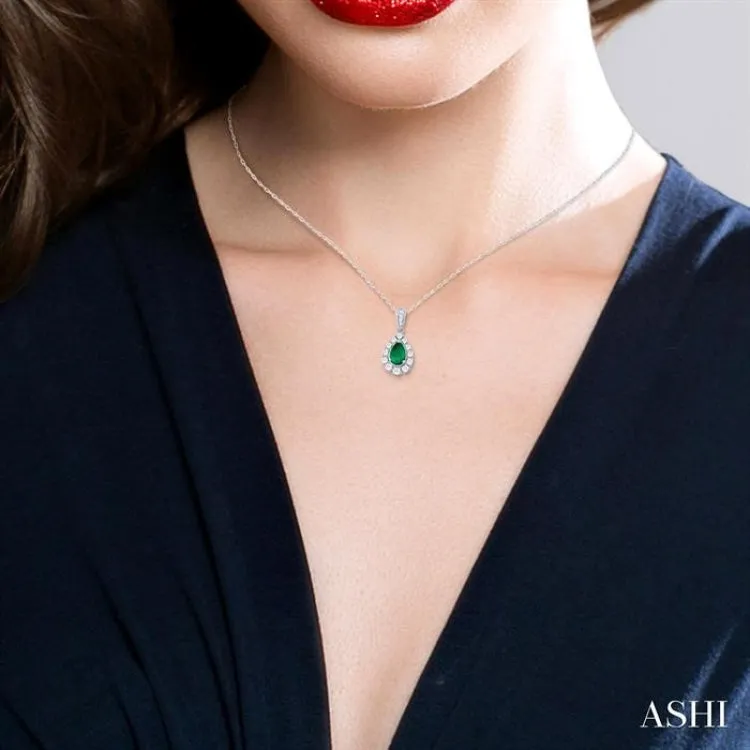 6X4 MM Pear Cut Emerald and 1/4 ctw Round Cut Diamond Precious Pendant With Chain in 14K White Gold