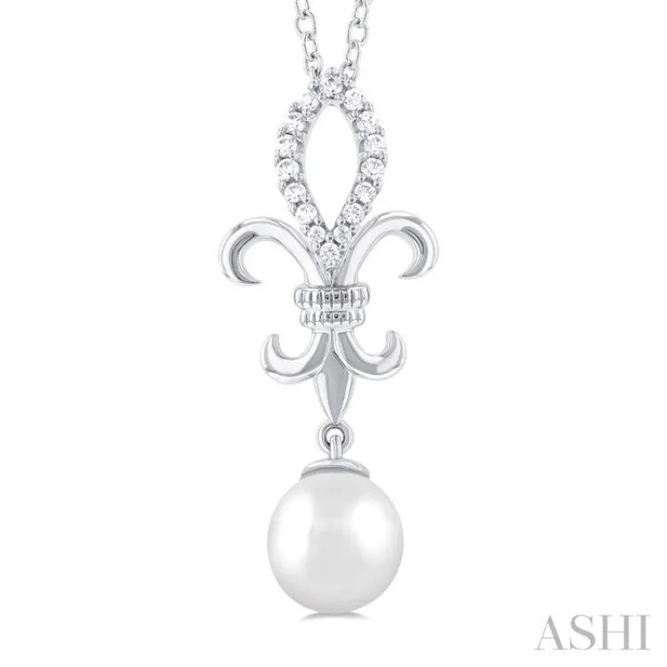 7 MM Round ShapeCultured Pearl and 1/10 ctw Fleur De Lis Round Cut Diamond Pendant With Chain in 10K White Gold