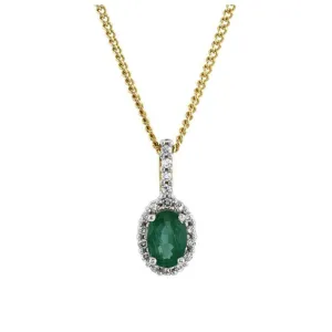 9ct Yellow and White Gold Oval Emerald and Diamond Cluster Pendant