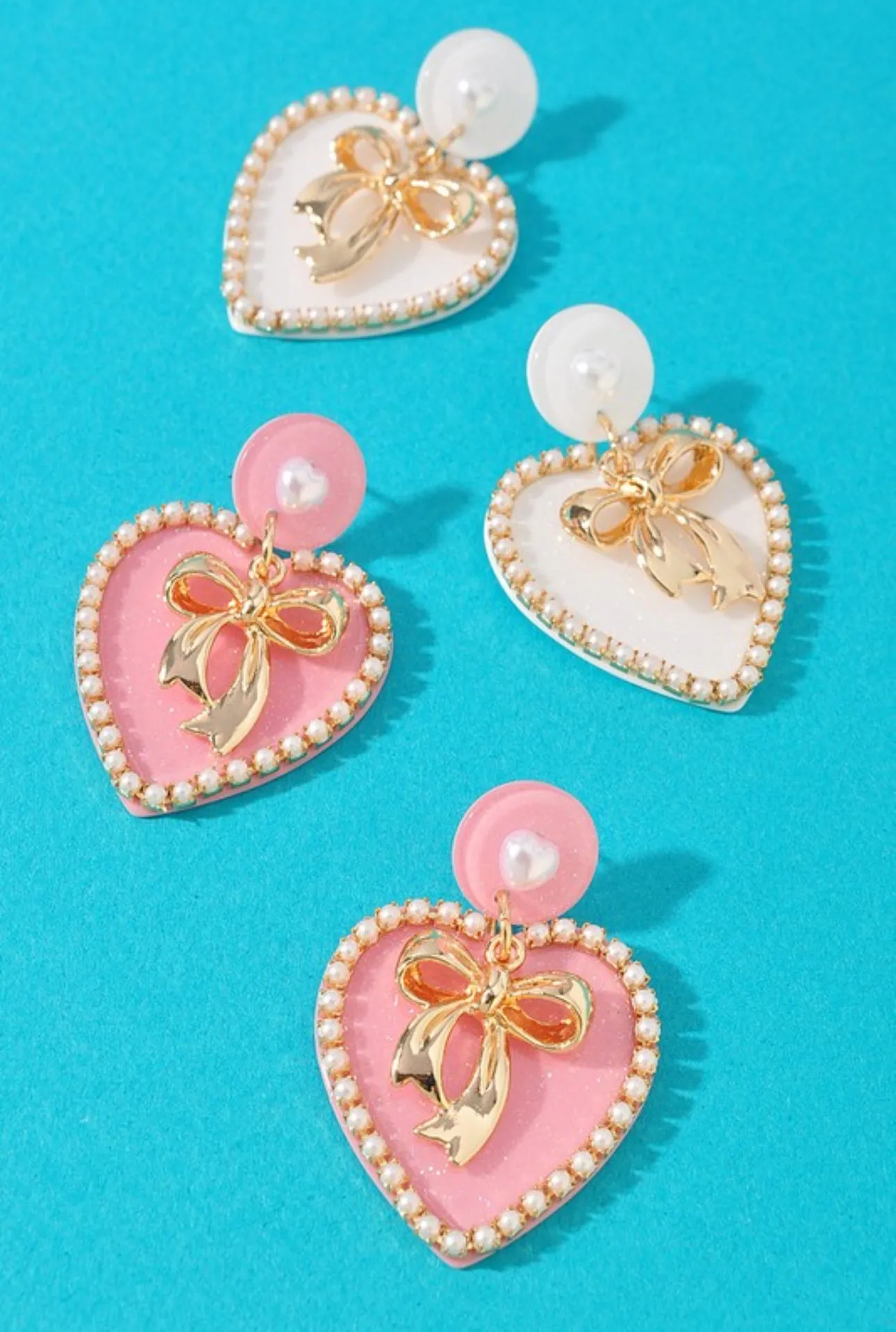 Acetate Heart and Bow Earrings- Pink or White