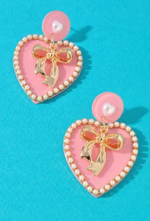 Acetate Heart and Bow Earrings- Pink or White