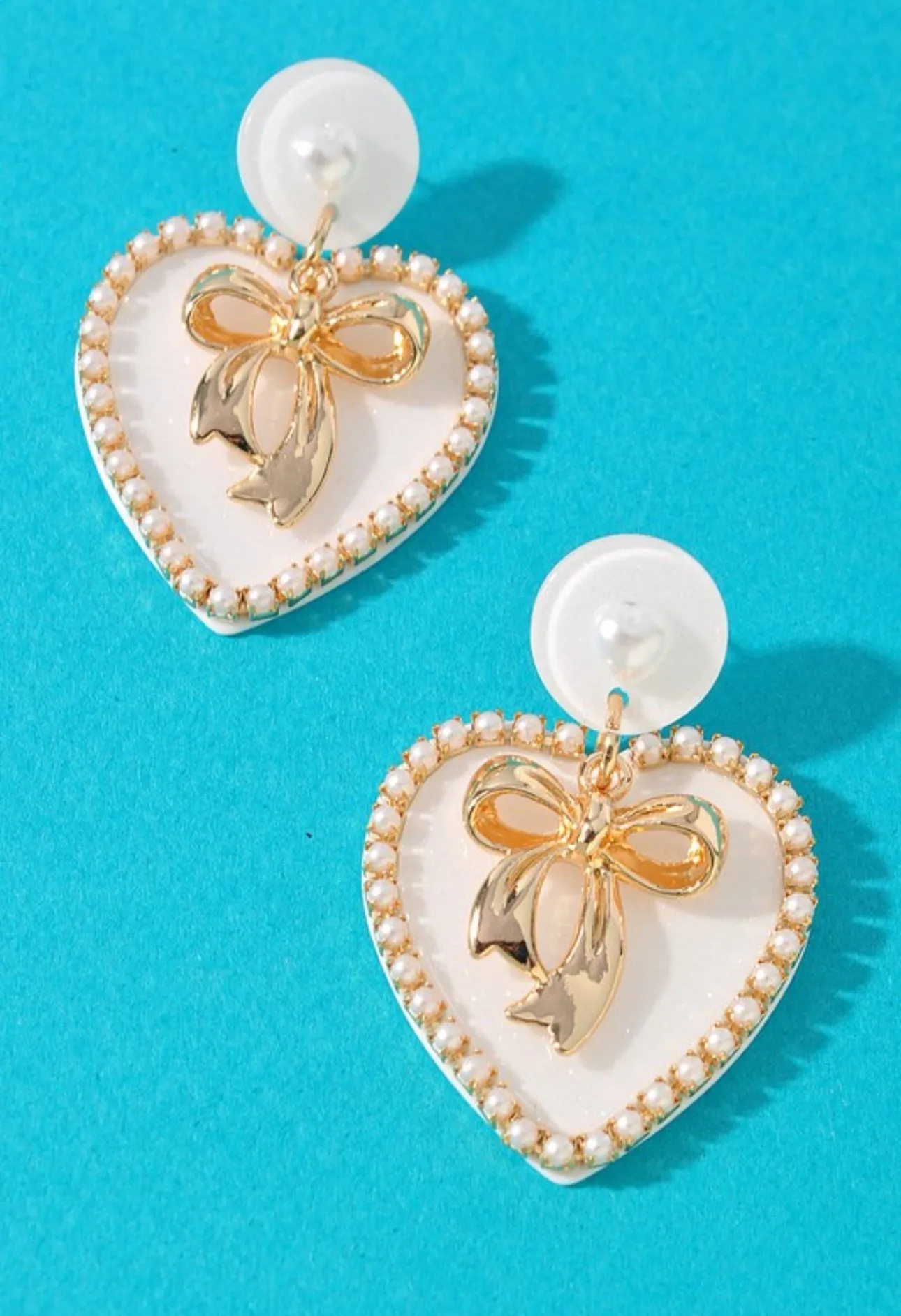 Acetate Heart and Bow Earrings- Pink or White