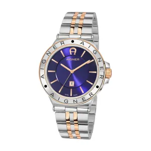 AIGNER Men's Trieste Blue Dial Silver-Rose Gold Metal Watch