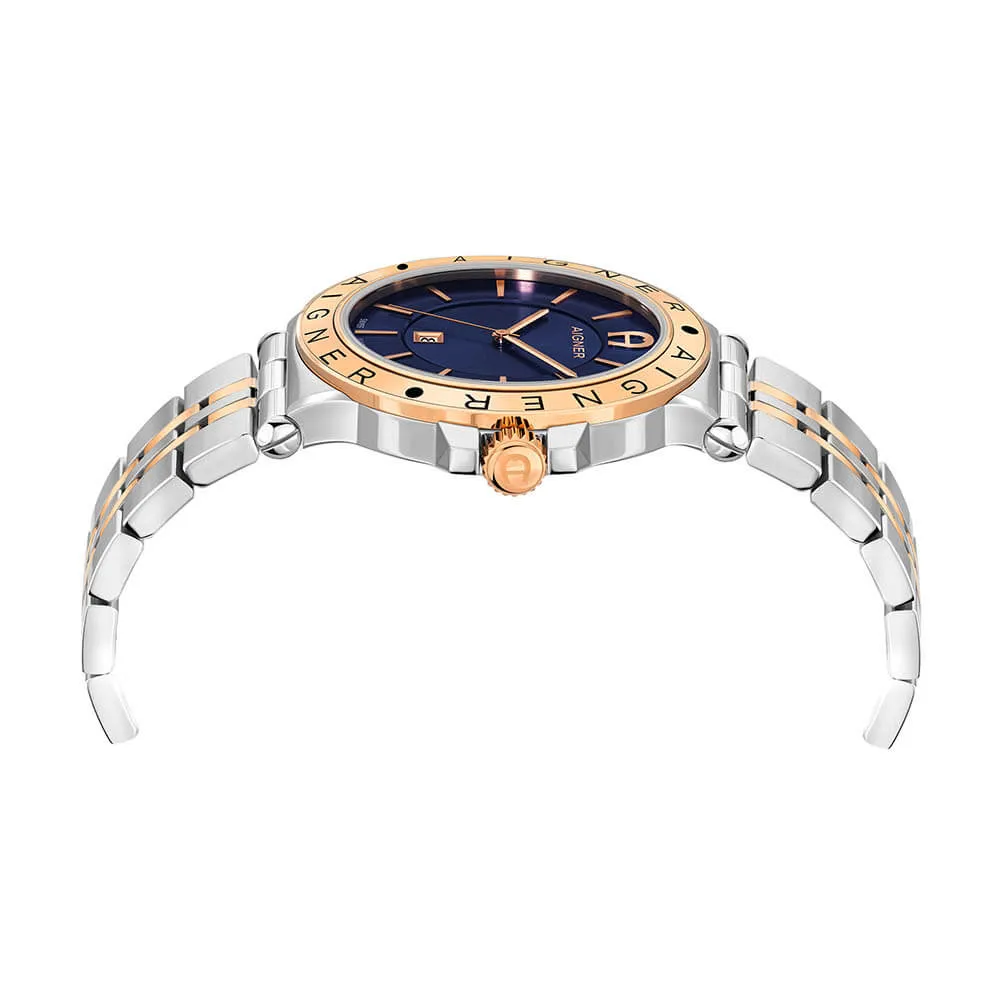 AIGNER Men's Trieste Blue Dial Silver-Rose Gold Metal Watch