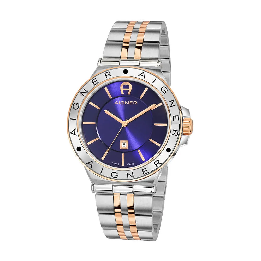 AIGNER Men's Trieste Blue Dial Silver-Rose Gold Metal Watch
