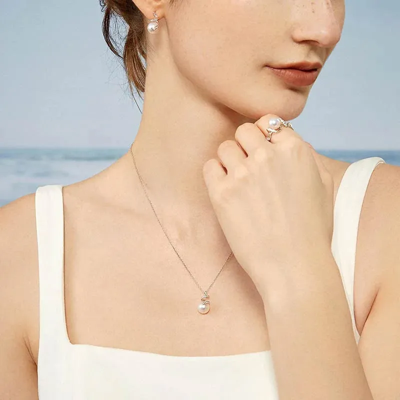 Akoya Pearl 18K White Gold Multi-Curve Wave Stud Diamonds Earrings