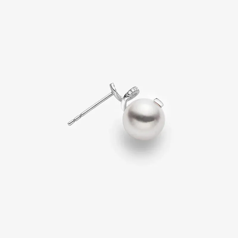 Akoya Pearl 18K White Gold Multi-Curve Wave Stud Diamonds Earrings