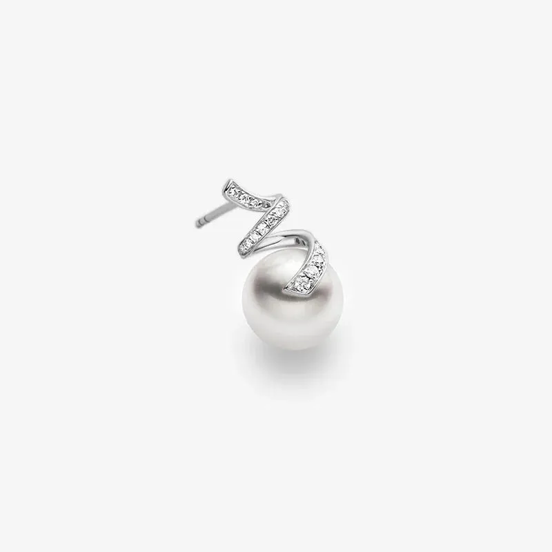 Akoya Pearl 18K White Gold Multi-Curve Wave Stud Diamonds Earrings