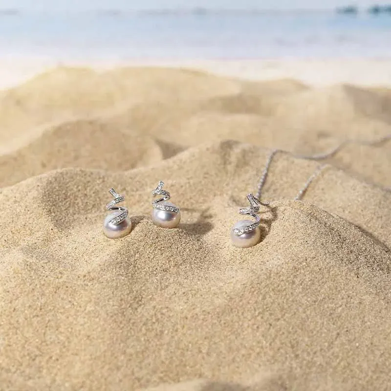 Akoya Pearl 18K White Gold Multi-Curve Wave Stud Diamonds Earrings