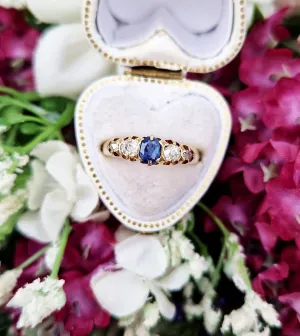 Antique 1887 Victorian 18ct Gold Classic Sapphire and Old Cut Diamond 5 Stone Band Ring / Size N or 7