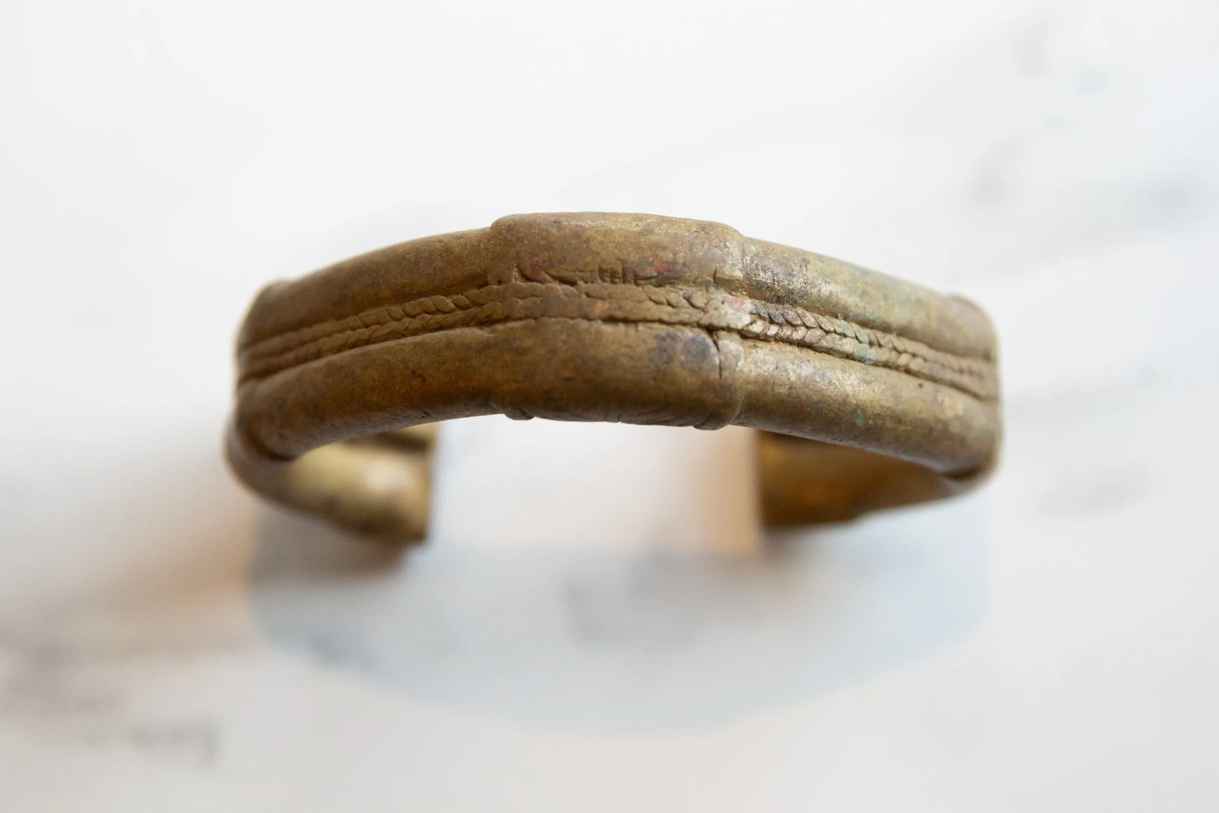 Antique African Bronze Striped Design Cuff Bracelet with Golden Patina