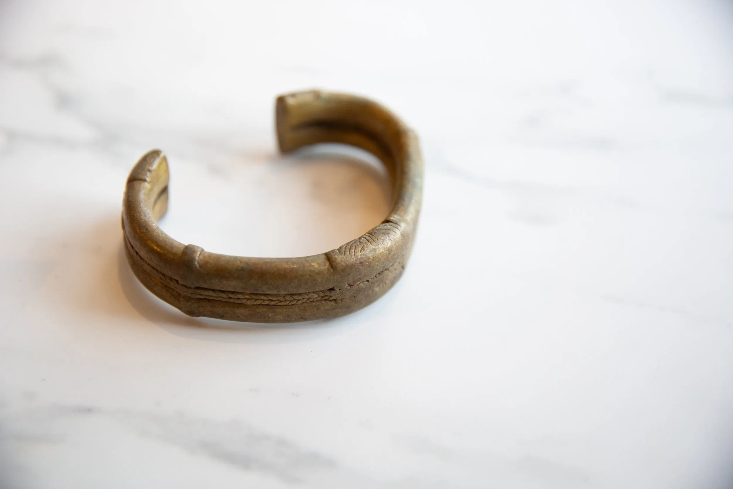 Antique African Bronze Striped Design Cuff Bracelet with Golden Patina