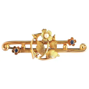 Antique Art Nouveau Sapphire and Pearl flower brooch, 15ct gold, Boxed