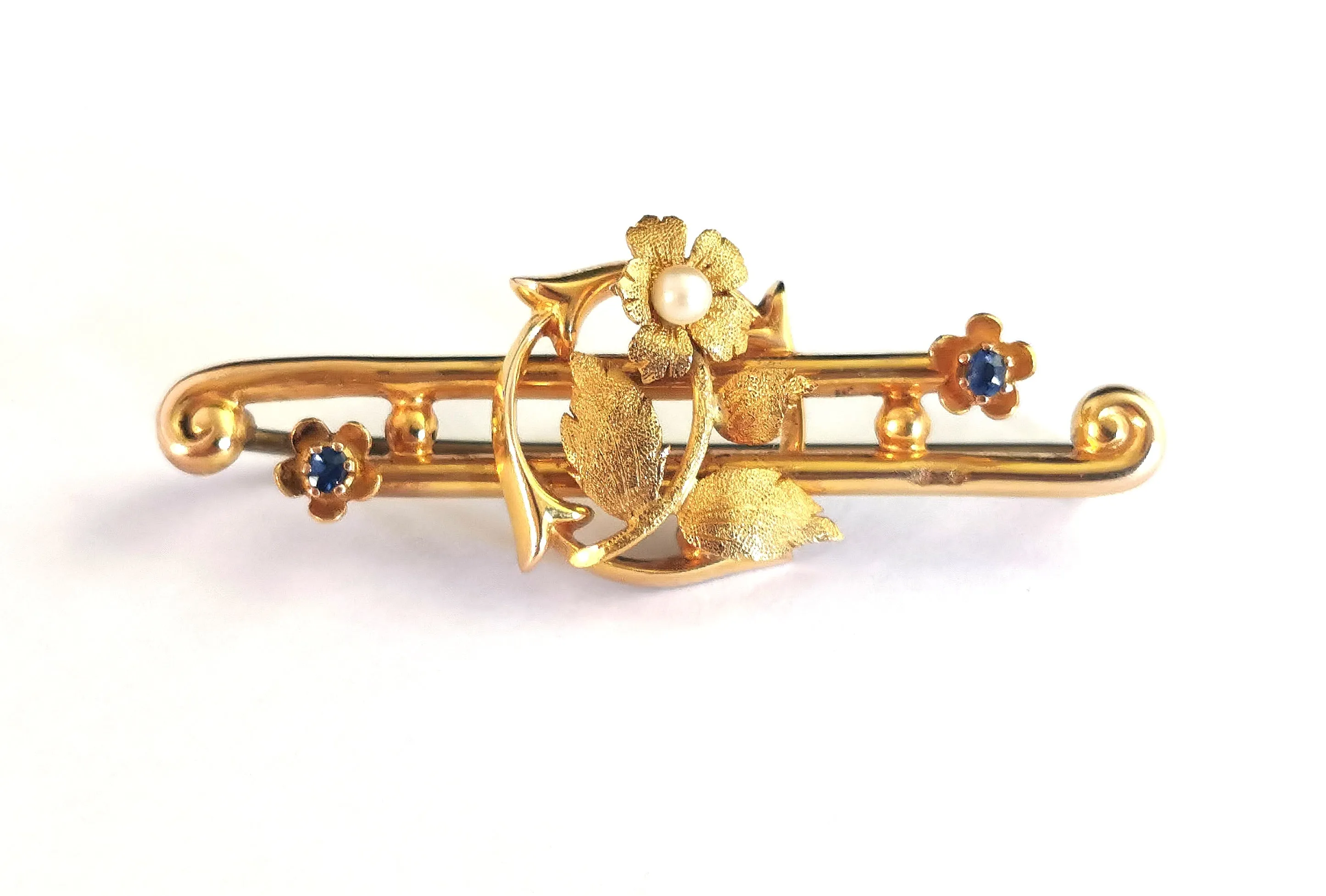 Antique Art Nouveau Sapphire and Pearl flower brooch, 15ct gold, Boxed