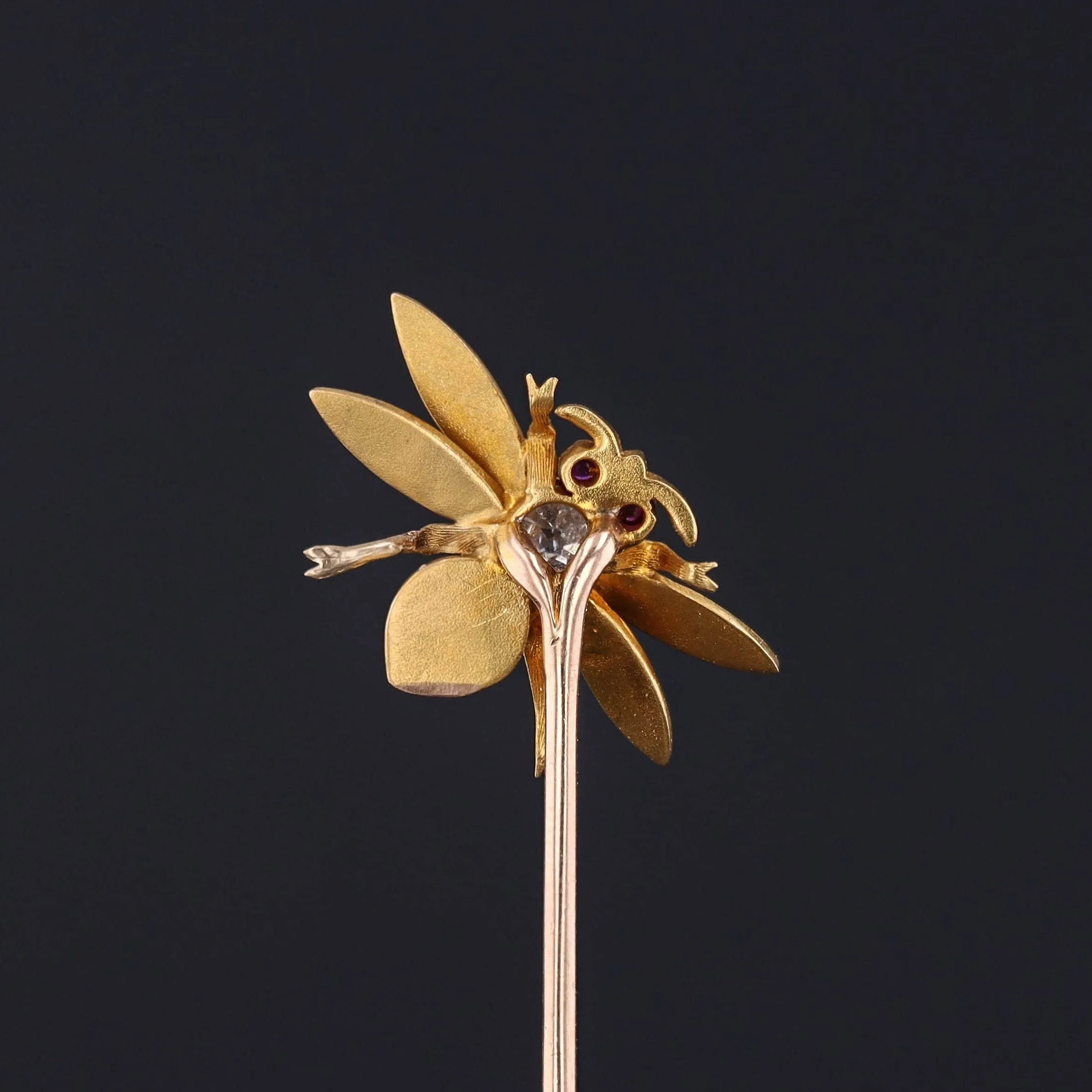 Antique Diamond and Ruby Bee Stickpin of 14k Gold
