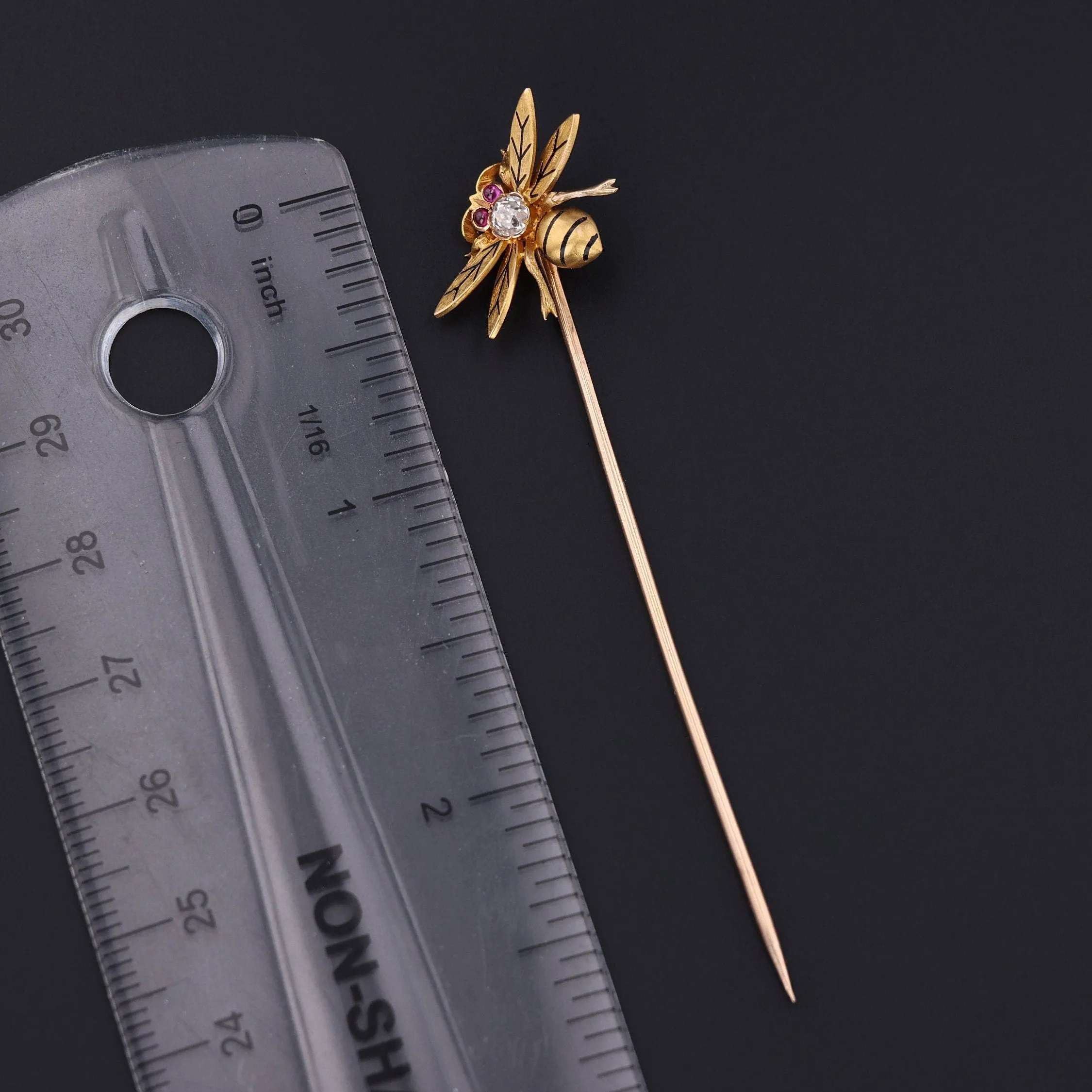Antique Diamond and Ruby Bee Stickpin of 14k Gold
