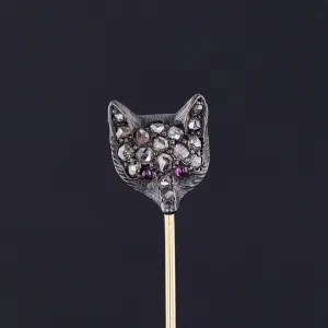 Antique Diamond Fox Stickpin of Silver and 14k Gold