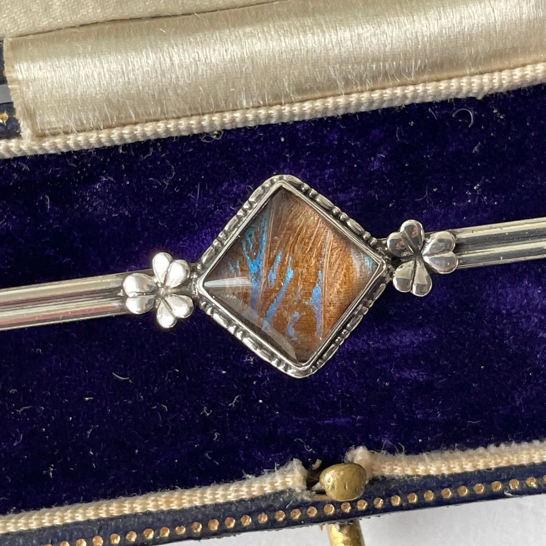 Antique Edwardian Butterfly Wing Sterling Silver Bar Brooch