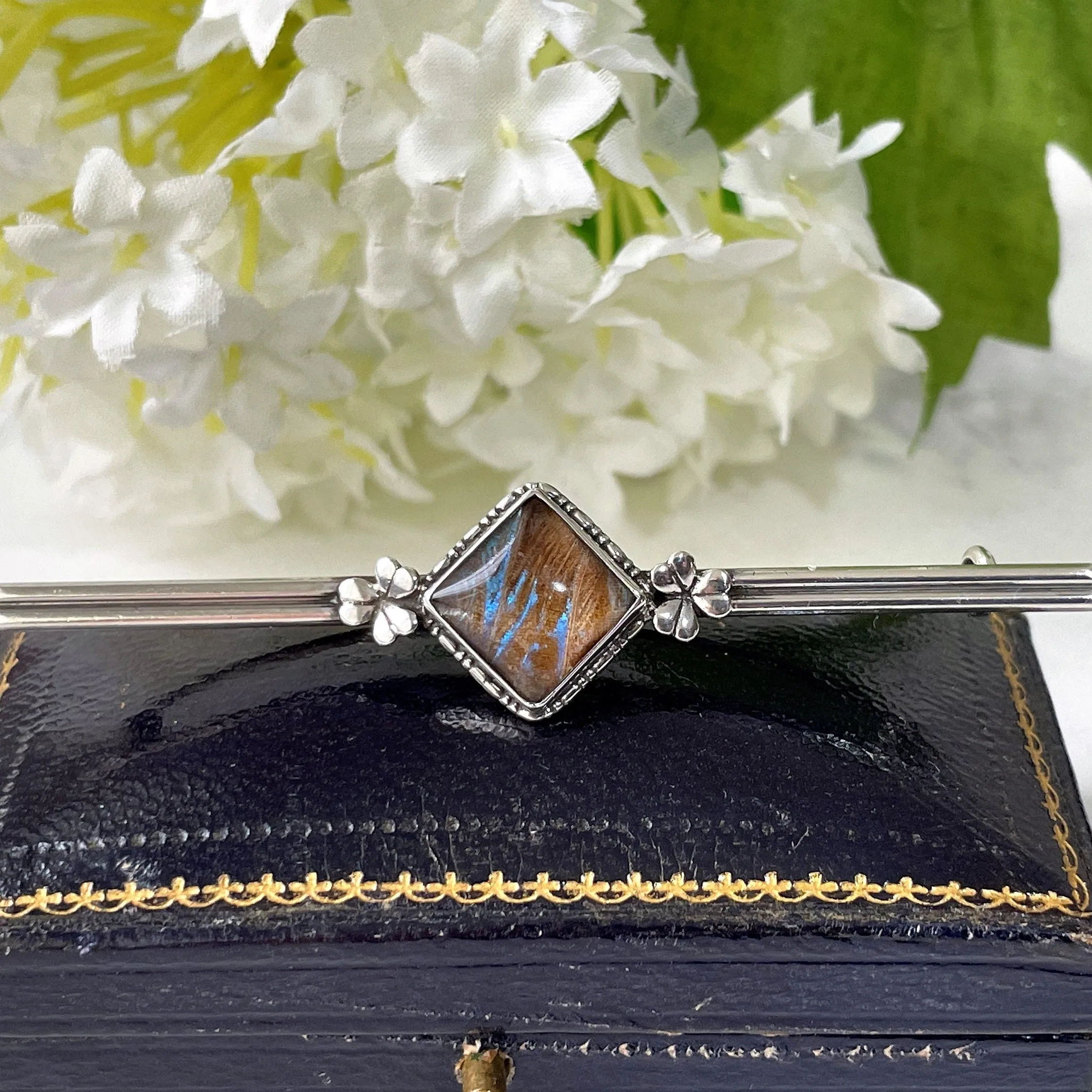 Antique Edwardian Butterfly Wing Sterling Silver Bar Brooch