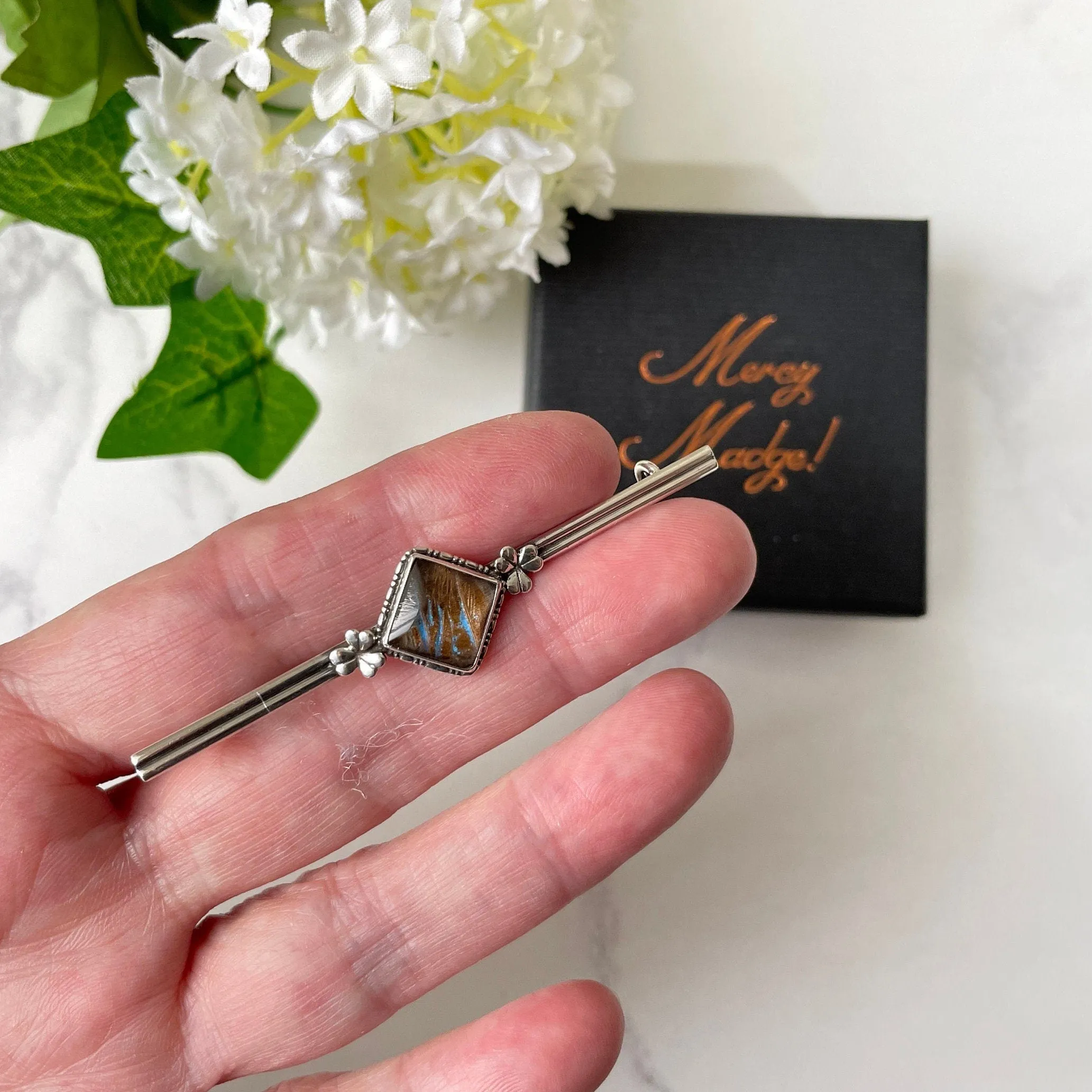 Antique Edwardian Butterfly Wing Sterling Silver Bar Brooch