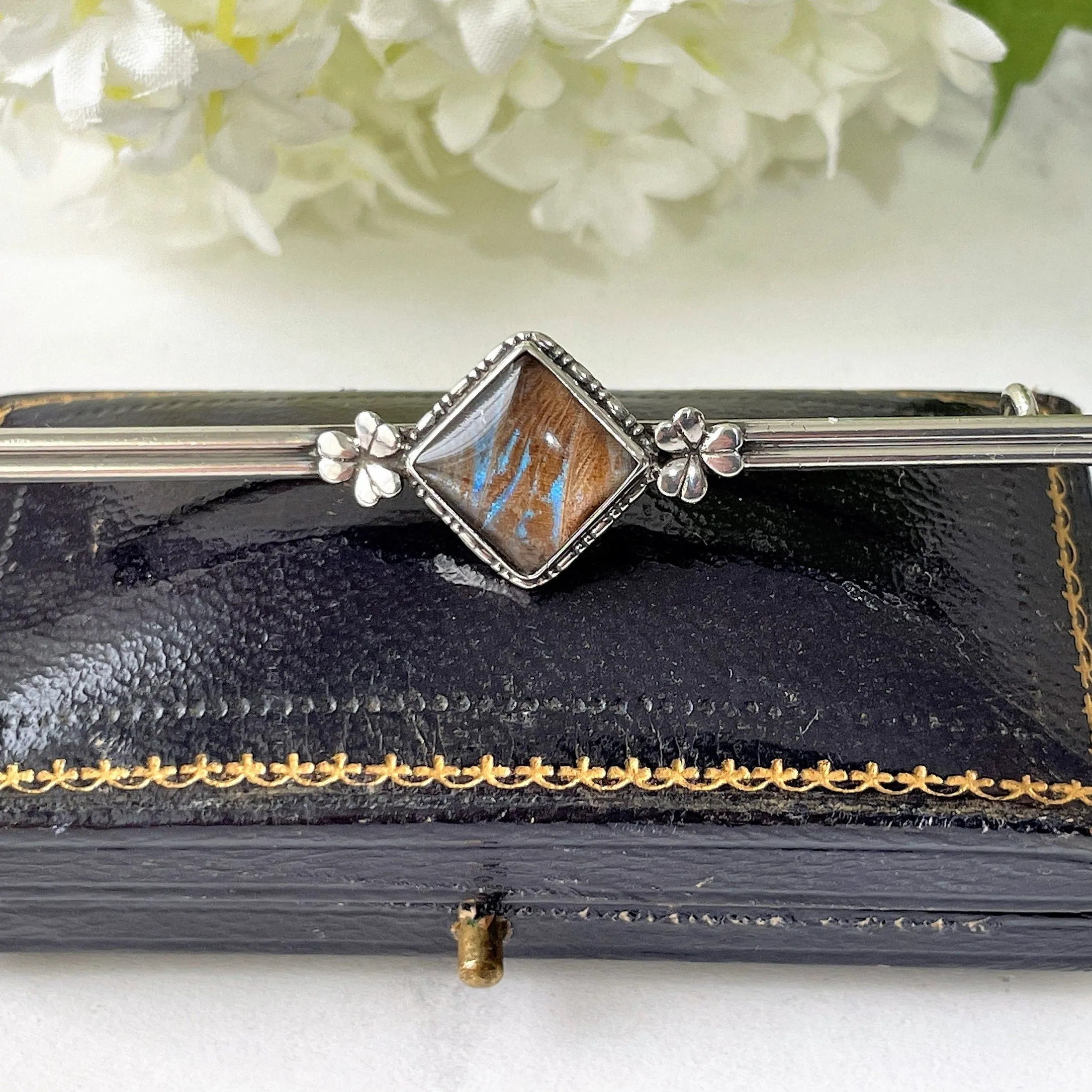 Antique Edwardian Butterfly Wing Sterling Silver Bar Brooch