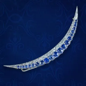 Antique Edwardian Sapphire Diamond Crescent Brooch 18ct Gold