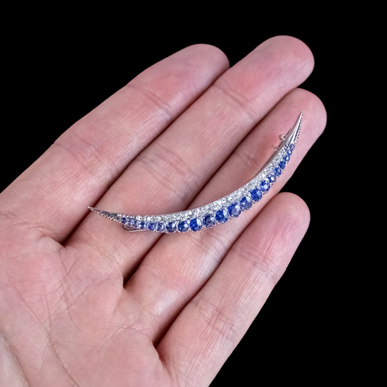 Antique Edwardian Sapphire Diamond Crescent Brooch 18ct Gold