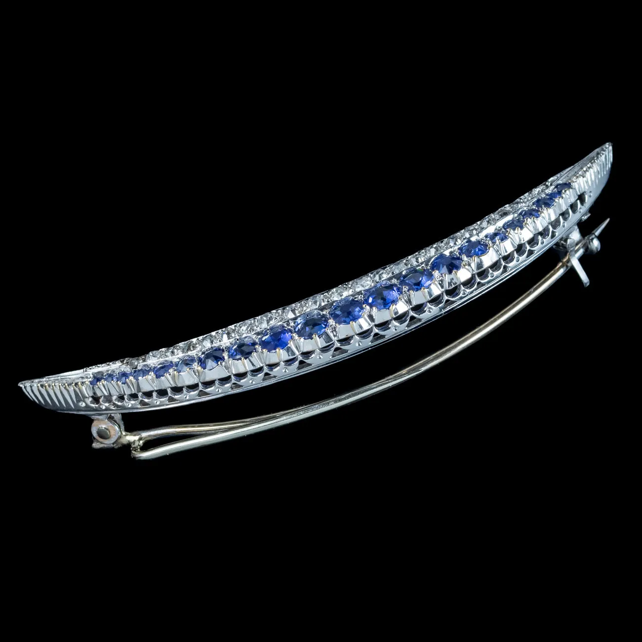 Antique Edwardian Sapphire Diamond Crescent Brooch 18ct Gold