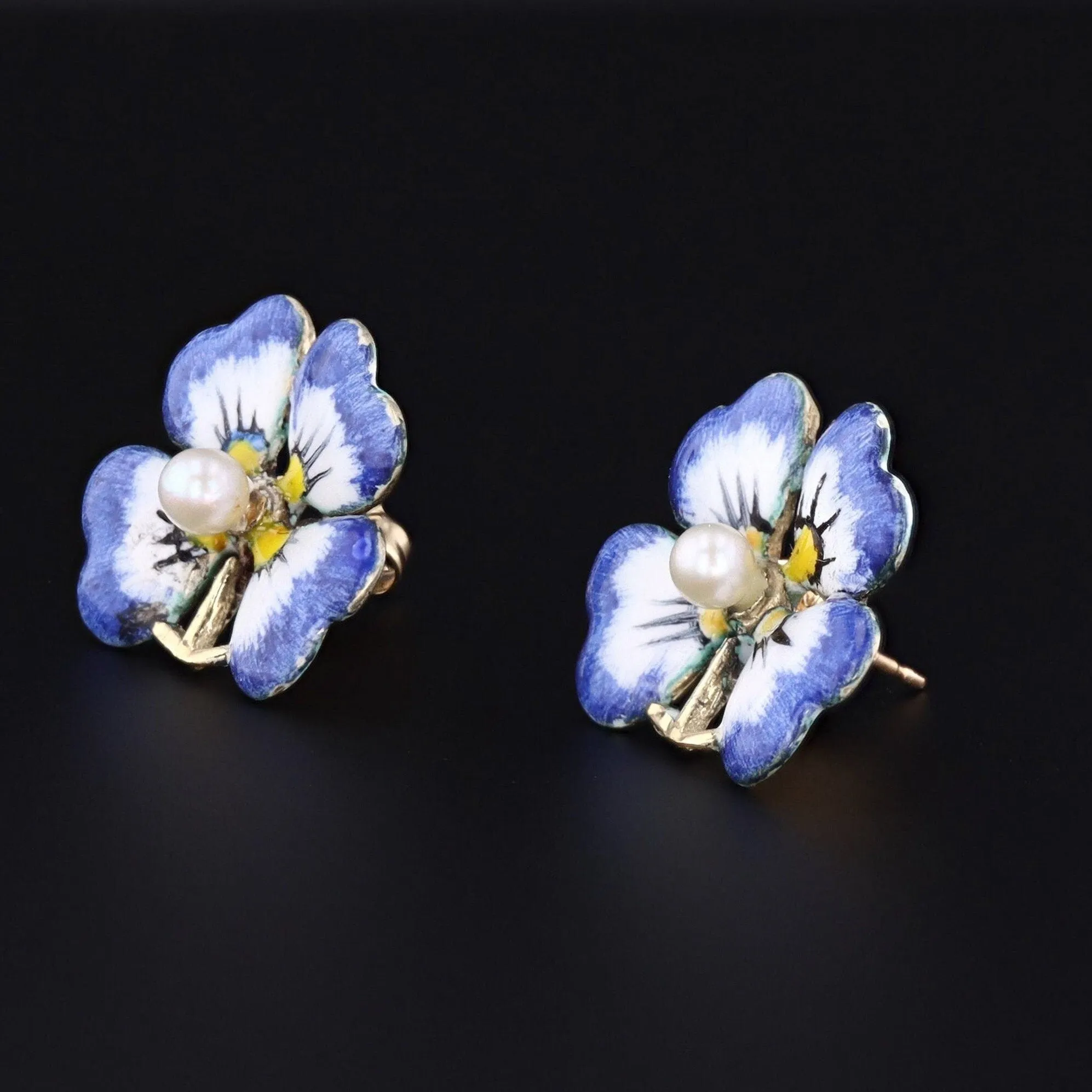 Antique Enamel and Pearl Pansy Earrings 14k Gold
