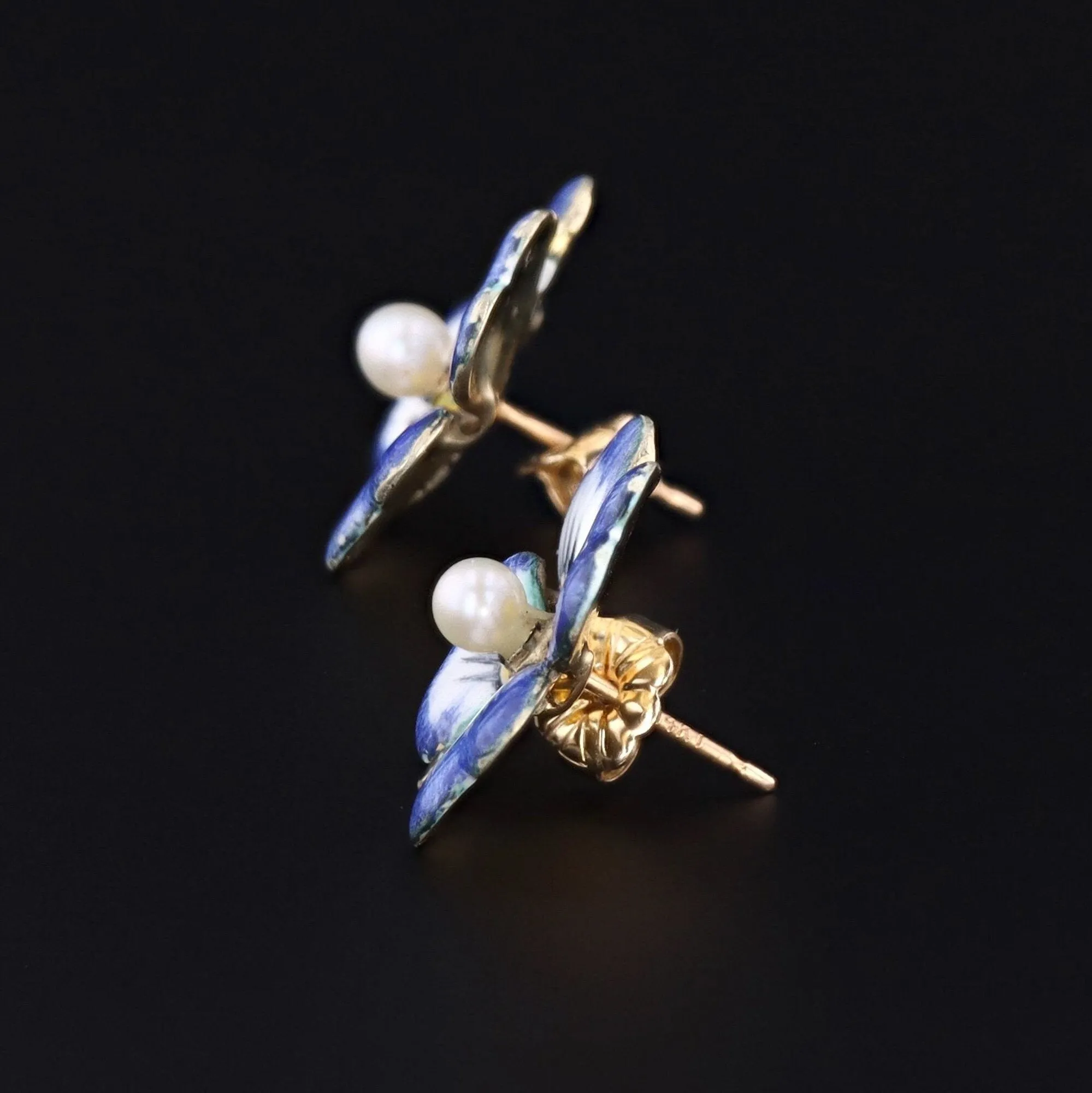 Antique Enamel and Pearl Pansy Earrings 14k Gold