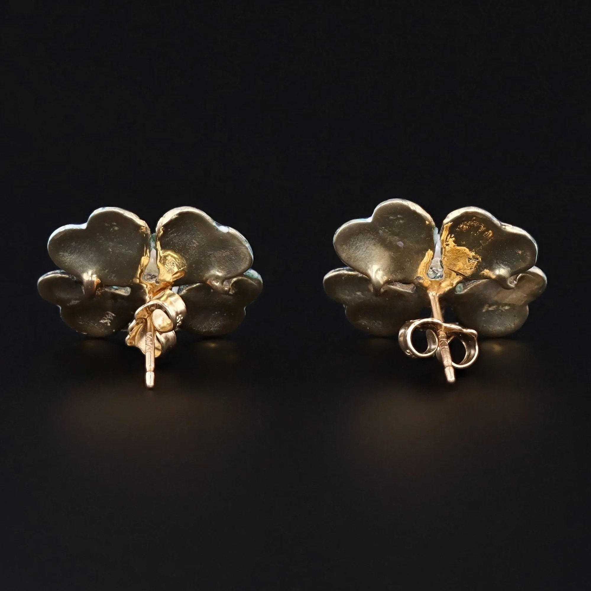 Antique Enamel and Pearl Pansy Earrings 14k Gold