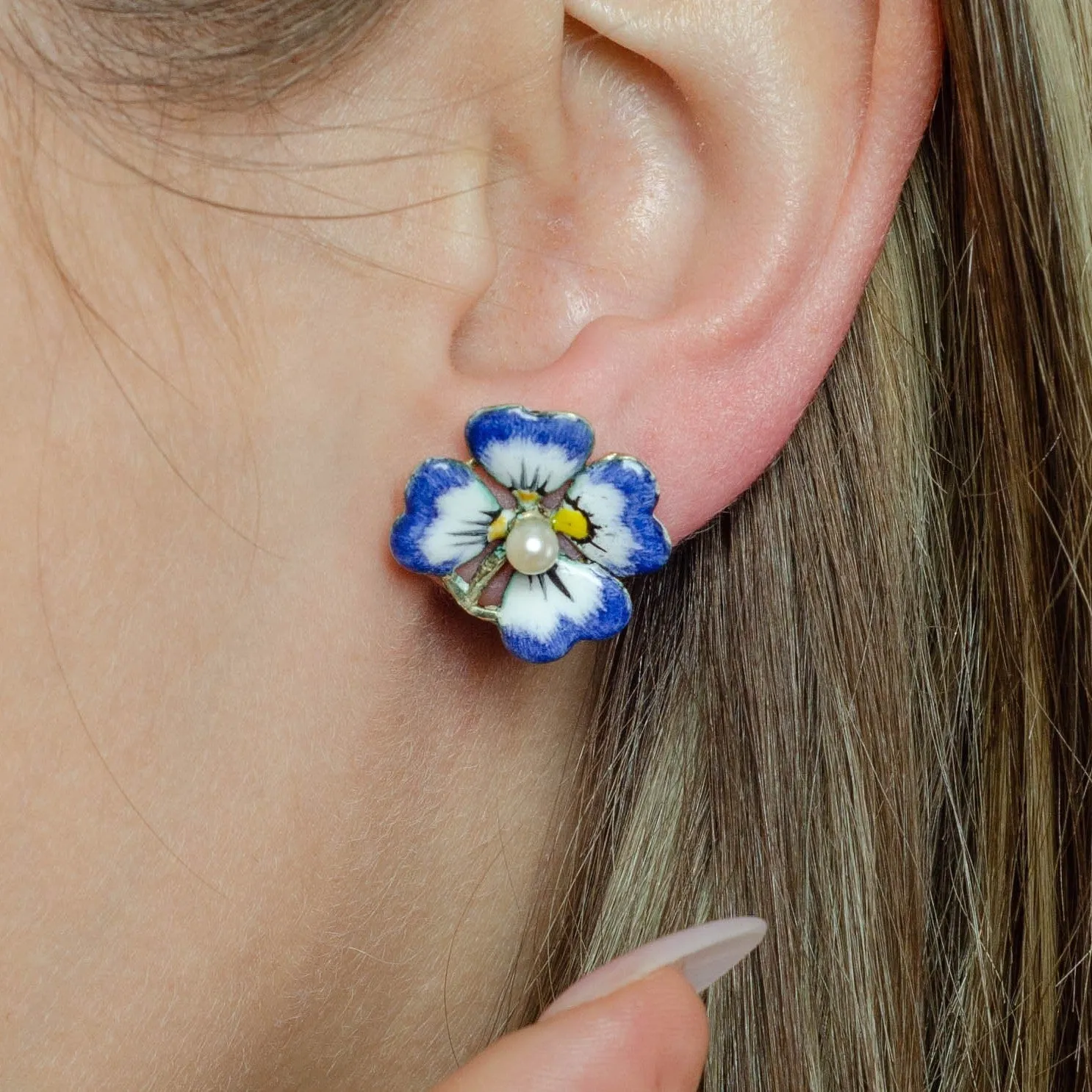 Antique Enamel and Pearl Pansy Earrings 14k Gold