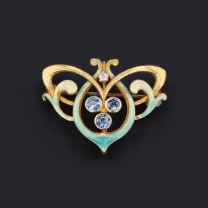 Antique Enamel and Sapphire Brooch of 14k Gold
