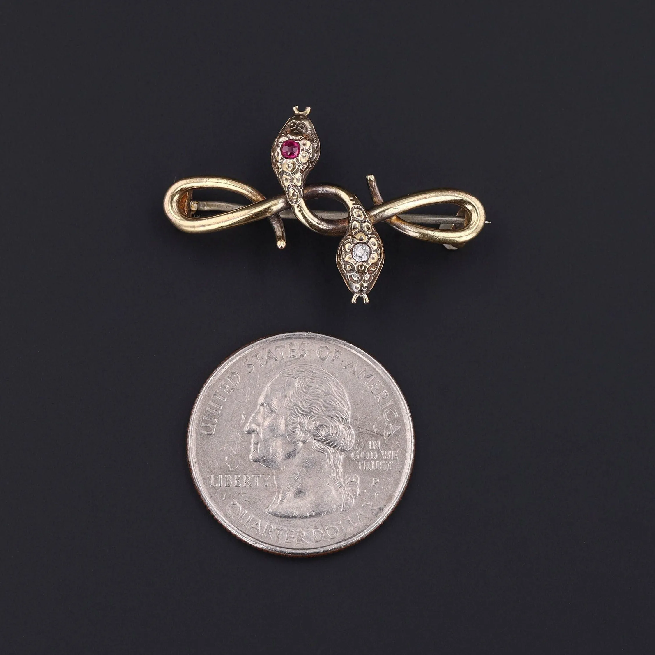 Antique Entwined Snakes with Diamond and Ruby Brooch of 14k Gold