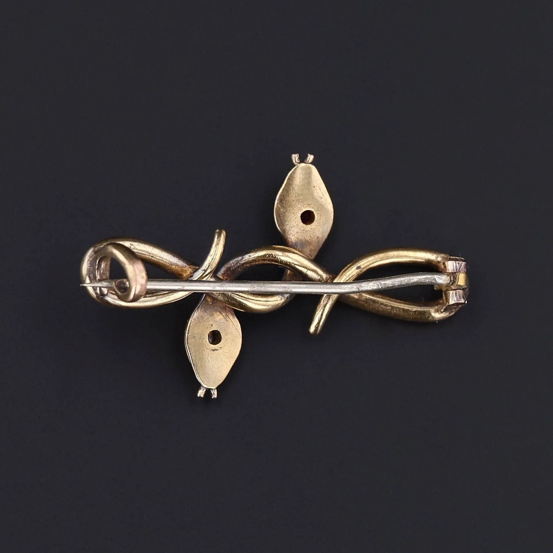 Antique Entwined Snakes with Diamond and Ruby Brooch of 14k Gold