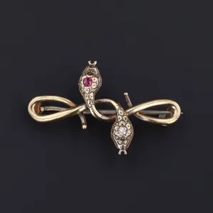 Antique Entwined Snakes with Diamond and Ruby Brooch of 14k Gold