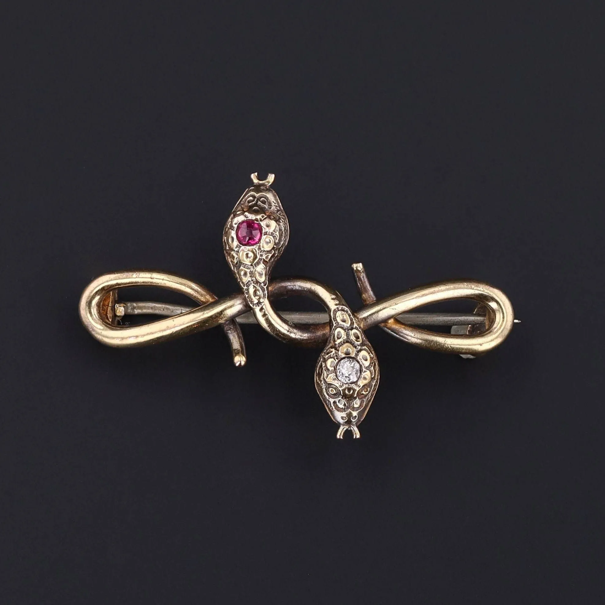Antique Entwined Snakes with Diamond and Ruby Brooch of 14k Gold