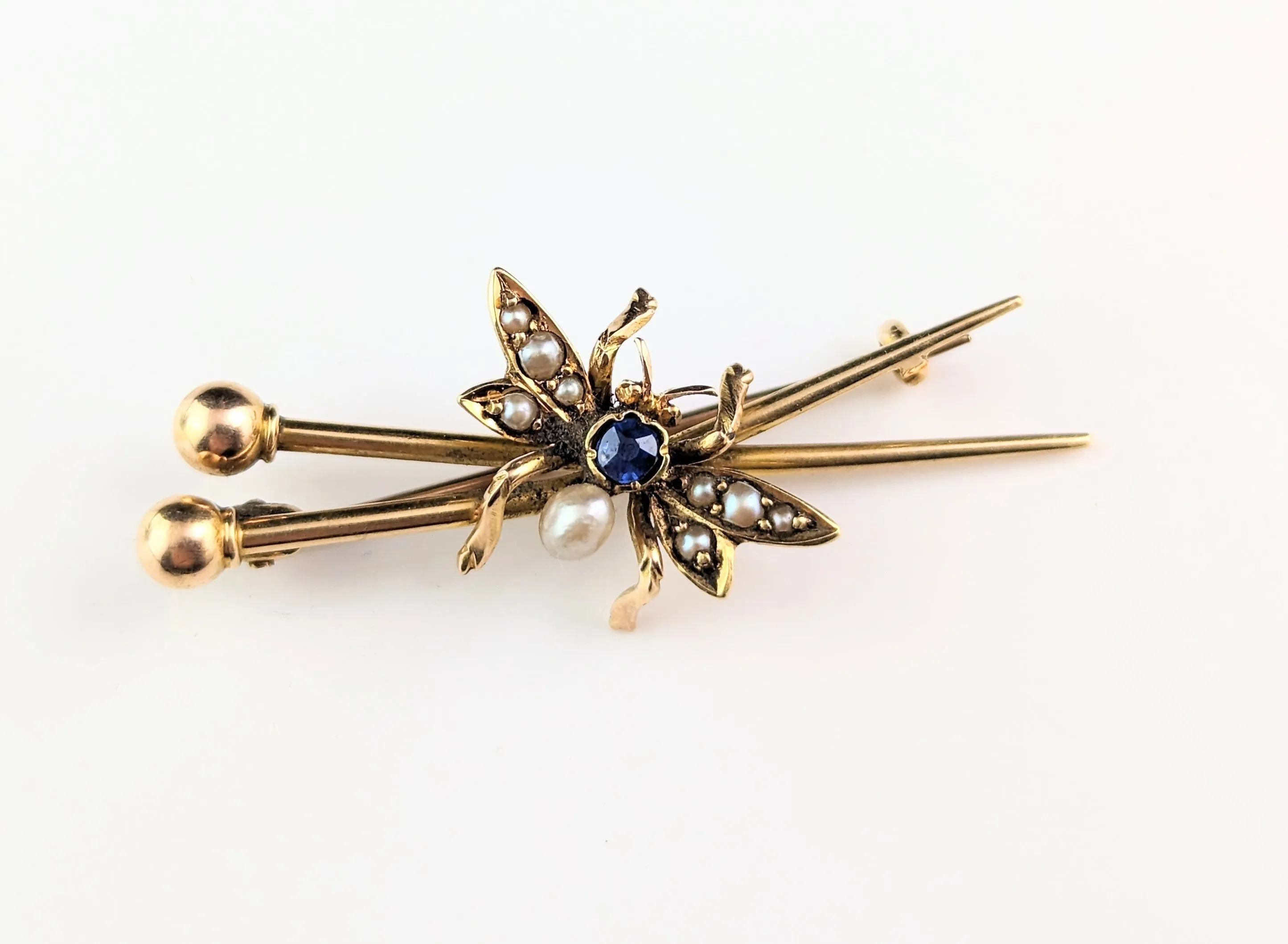 Antique fly brooch, crossed needles, Sapphire and Pearl, 15k gold