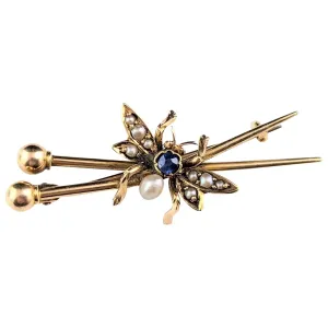 Antique fly brooch, crossed needles, Sapphire and Pearl, 15k gold