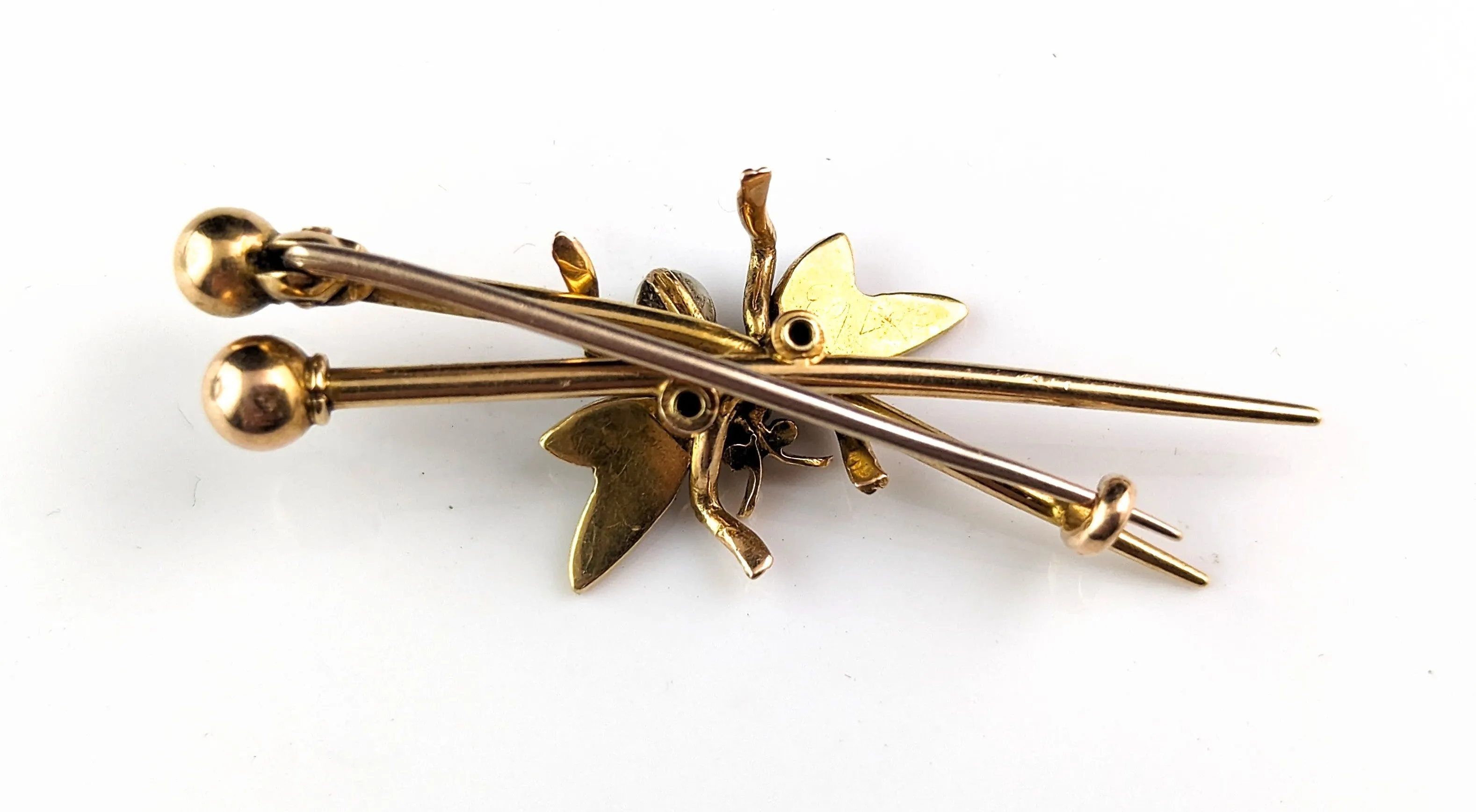 Antique fly brooch, crossed needles, Sapphire and Pearl, 15k gold