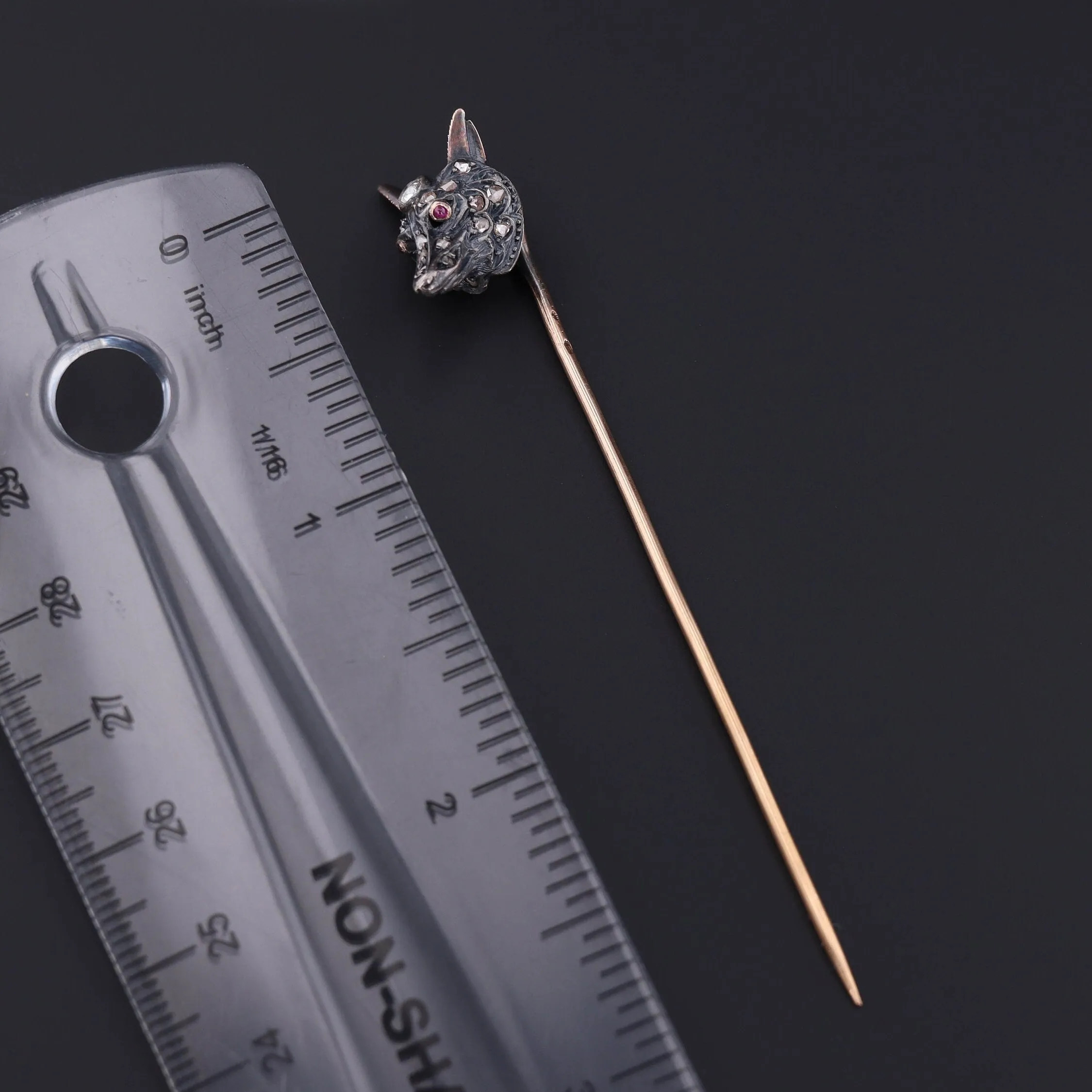 Antique French Diamond Fox Stickpin of Silver and 18k Gold