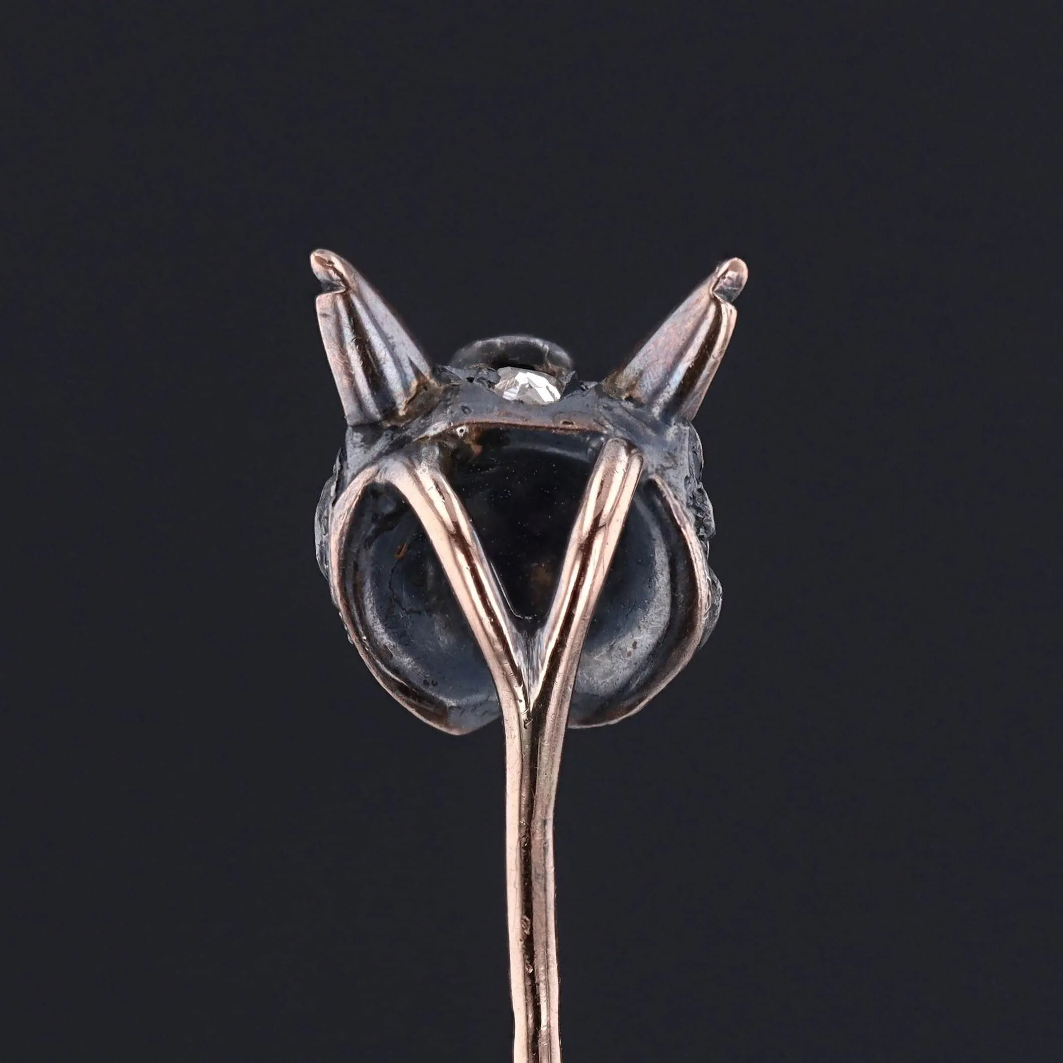 Antique French Diamond Fox Stickpin of Silver and 18k Gold