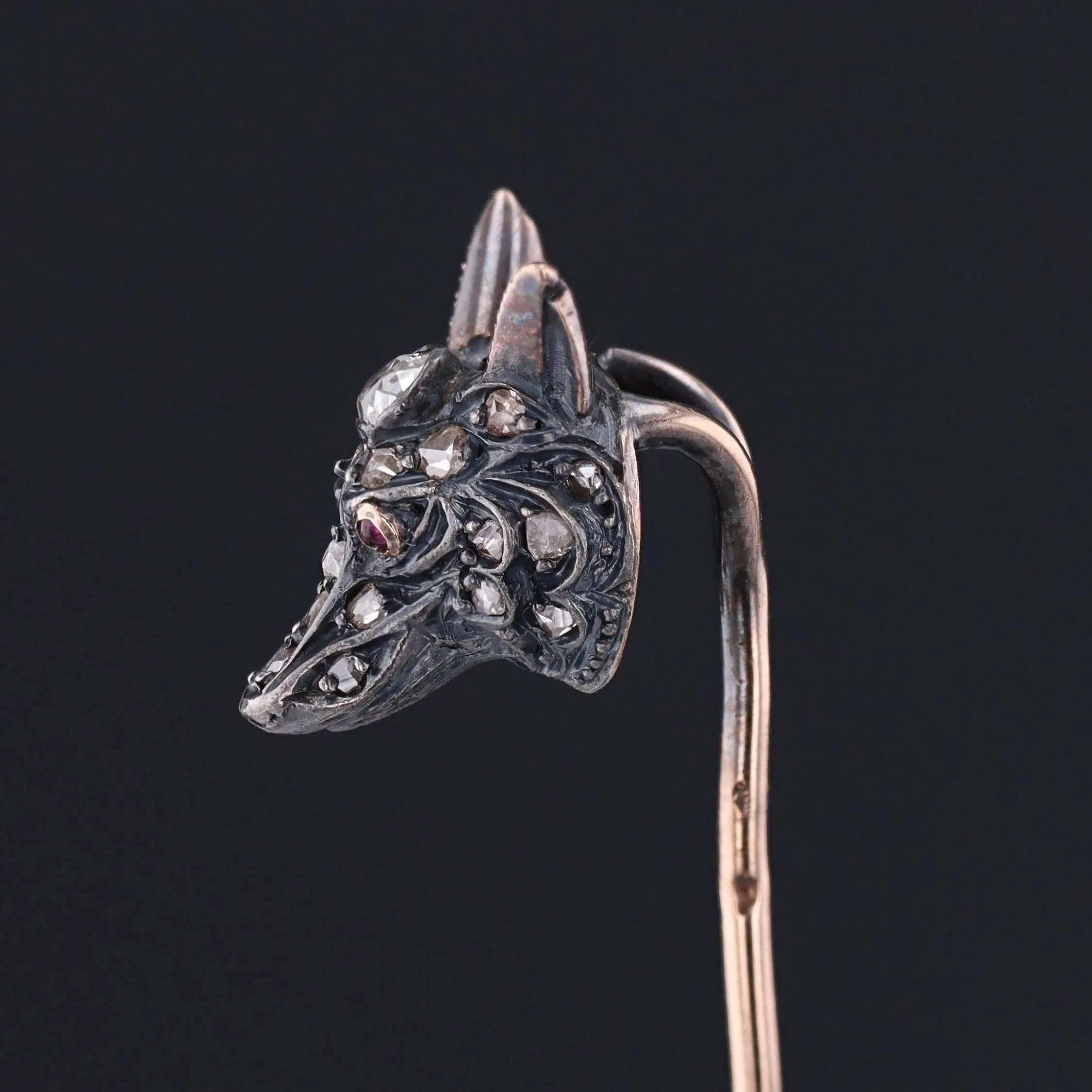 Antique French Diamond Fox Stickpin of Silver and 18k Gold