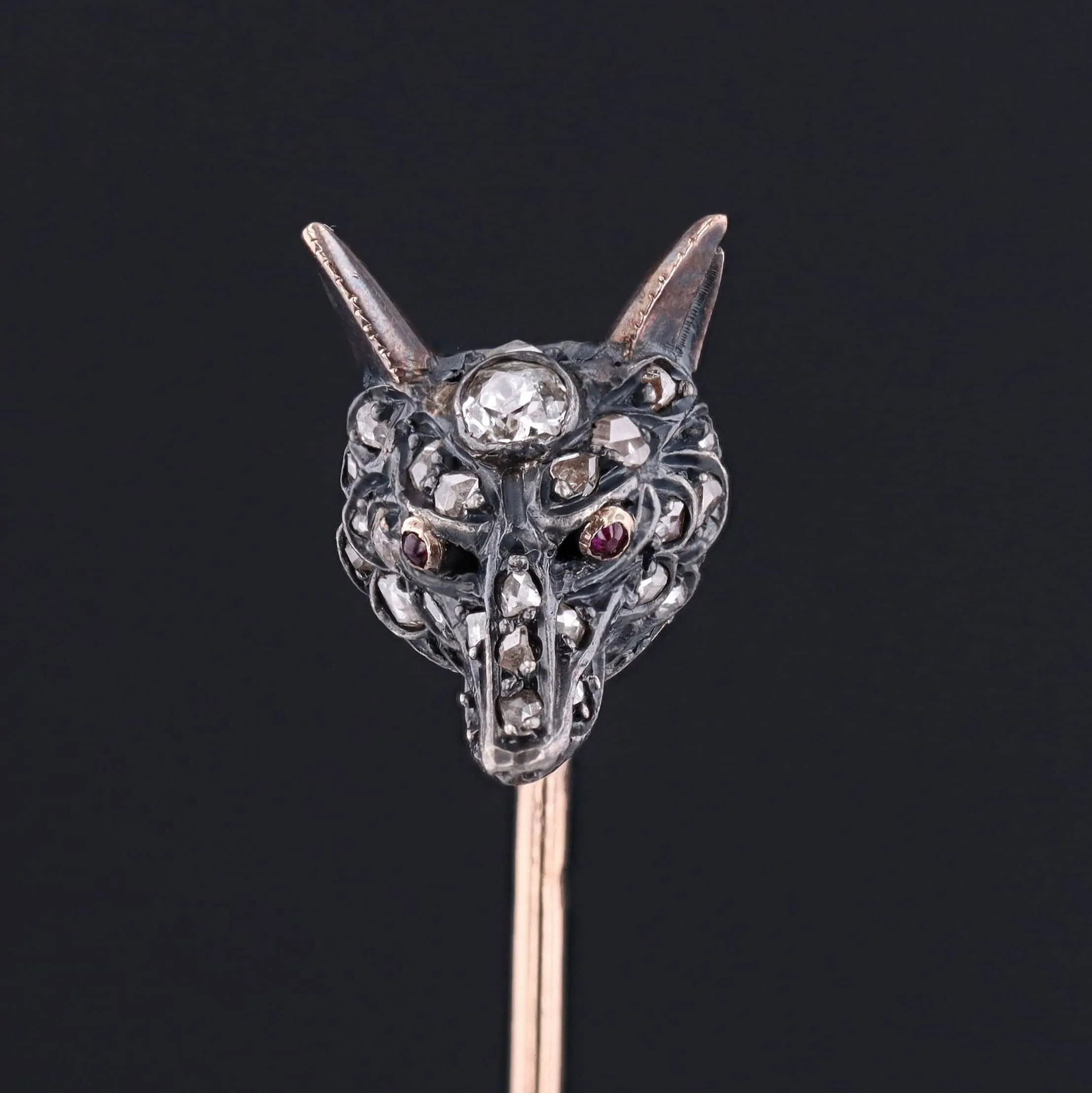 Antique French Diamond Fox Stickpin of Silver and 18k Gold