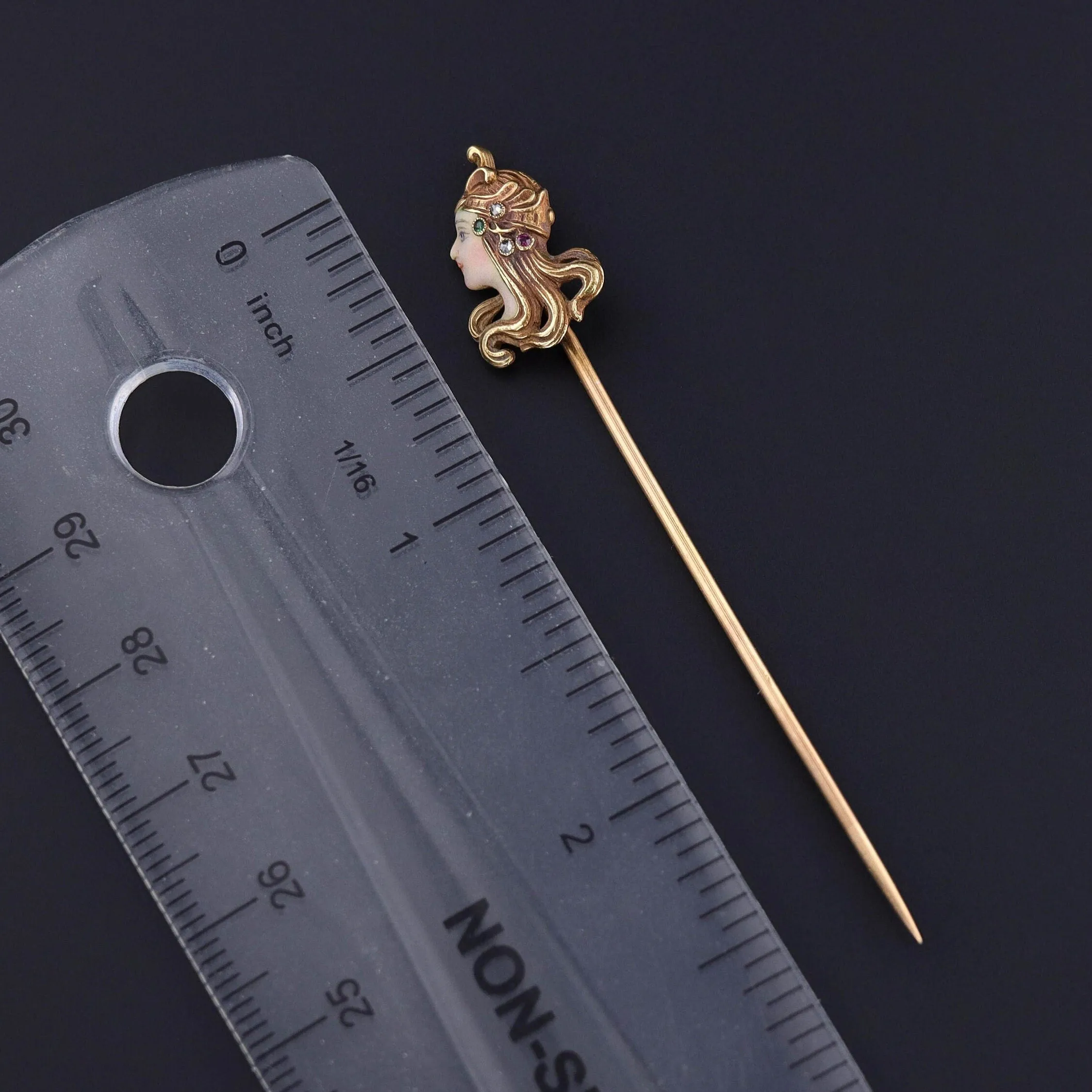 Antique French Enamel Woman Stickpin of 18k Gold